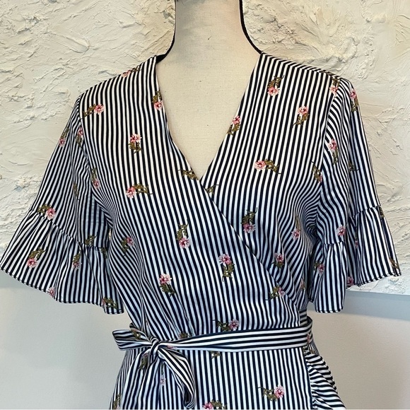 Privacy Please Revolve Wrap Stripe Floral Ruffle Dress Size Large. - Picture 4 of 9